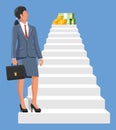 Businesswoman climbs up ladder to money. Royalty Free Stock Photo