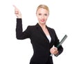 Businesswoman with clipboard and finger point up Royalty Free Stock Photo