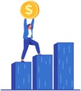Businesswoman with coin in hands standing on bar chart. Lady goes to top, goal, business success