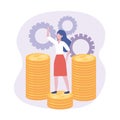Businesswoman in the coins with gears digital information