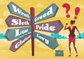Businesswoman Contemplates 7 Deadly Sins Sign Post Dilemma. Royalty Free Stock Photo