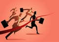 Businesswoman crossing finish line during race with businessmen Royalty Free Stock Photo