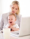 Businesswoman, crying and baby for remote work in home with laptop for multitask, productivity and job. Single mom