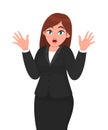 Businesswoman in depression with fear or shock emotion and making gesture hands. Human body language and emotion face expression.