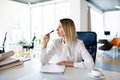 Businesswoman at the desk with notebook in her office. Royalty Free Stock Photo