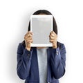 Businesswoman Digital Tablet Face Covered Copy Space Technology Royalty Free Stock Photo