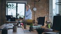 Businesswoman discussing work phone conversation walking modern office interior. Royalty Free Stock Photo