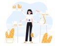 Businesswoman does several things at once time. Color vector flat cartoon icon