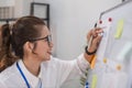 Businesswoman is doing a video conference and showing charts on a whiteboard while working at home. Royalty Free Stock Photo