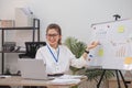 Businesswoman is doing a video conference and showing charts on a whiteboard while working at home. Royalty Free Stock Photo