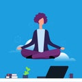 Businesswoman doing yoga and meditation. Girl hanging in lotus pose over office desk