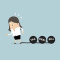 Businesswoman dragging chains and big ball, Debt Tax and Bill burden concept. Royalty Free Stock Photo