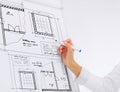 Businesswoman drawing blueprint on flip board Royalty Free Stock Photo