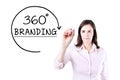 Businesswoman drawing a 360 degrees Branding concept on the virtual screen. Royalty Free Stock Photo