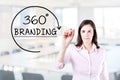 Businesswoman drawing a 360 degrees Branding concept on the virtual screen. Office background. Royalty Free Stock Photo