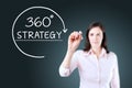 Businesswoman drawing a 360 degrees Strategy concept on the virtual screen. Blue background. Royalty Free Stock Photo