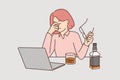 Businesswoman drinks whiskey sitting near laptop and feeling stressed after company goes bankrupt