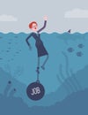 Businesswoman drowning chained with a weight Job