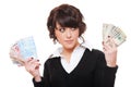 Businesswoman with euro and dollar money notes