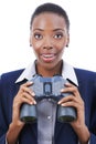 Businesswoman, face and happy with binocular in studio for opportunity, announcement or search. Entrepreneur, african