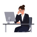 Businesswoman feeling stressed while working at computer in flat vector art Royalty Free Stock Photo