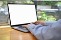 A businesswoman or female office worker using laptop computer. close-up image Royalty Free Stock Photo