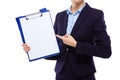 Businesswoman finger point to blank paper of clipboard Royalty Free Stock Photo