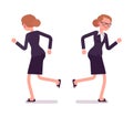 Businesswoman in formal wear running, front and rear view