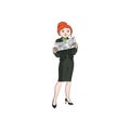 Businesswoman girl, woman reading a newspaper. Vector color