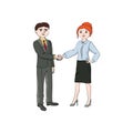 Businesswoman girl, woman shakes hands with a businessman boy, man. Vector color