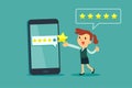 Businesswoman give five star rating on smartphone screen