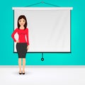 Businesswoman giving presentation with projector screen white board. Presentation concept Vector illustration. Royalty Free Stock Photo