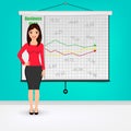 Businesswoman giving presentation with projector screen white board. Presentation concept Vector illustration. Royalty Free Stock Photo