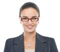 Businesswoman, glasses and receptionist in studio portrait, professional and assistant on white background. Female