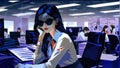 Businesswoman in glasses sitting in office. AI generated illustration in pop art style.