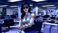 Businesswoman in glasses sitting in office. AI generated illustration in pop art style.