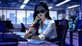 Businesswoman in glasses sitting in office. AI generated illustration in pop art style.