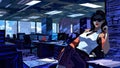 Businesswoman in glasses sitting in office. AI generated illustration in pop art style.