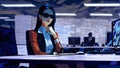 Businesswoman in glasses sitting in office. AI generated illustration in pop art style.