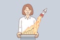 Businesswoman with graph and rocket taking off symbolizing financial success of startup