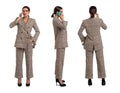 Businesswoman in gray chequer suit calling front, side, back view, isolated on white Royalty Free Stock Photo