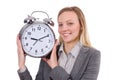 Businesswoman in gray suit holding alarm clock Royalty Free Stock Photo