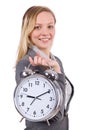 Businesswoman in gray suit holding alarm clock Royalty Free Stock Photo