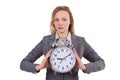 The businesswoman in gray suit holding alarm clock Royalty Free Stock Photo