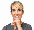 Businesswoman With Hand On Chin Smiling