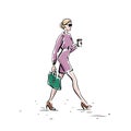 Businesswoman hand drawn on a white background. A girl with a coffee and a briefcase goes to work. Vector illustration