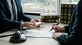 Businesswoman hand sign after Lawyer providing legal consult dispute service at the office with justice scale and gavel hammer Royalty Free Stock Photo