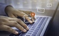 Businesswoman hand using computer laptop on table in office with 8 new email alert sign icon pop-up. Mail communication connection Royalty Free Stock Photo