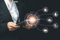 Businesswoman hand using fingerprint indentification to access personal financial data