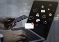 Businesswoman hand using computer laptop on table in office with 8 new email alert sign icon pop-up. Mail communication connection Royalty Free Stock Photo